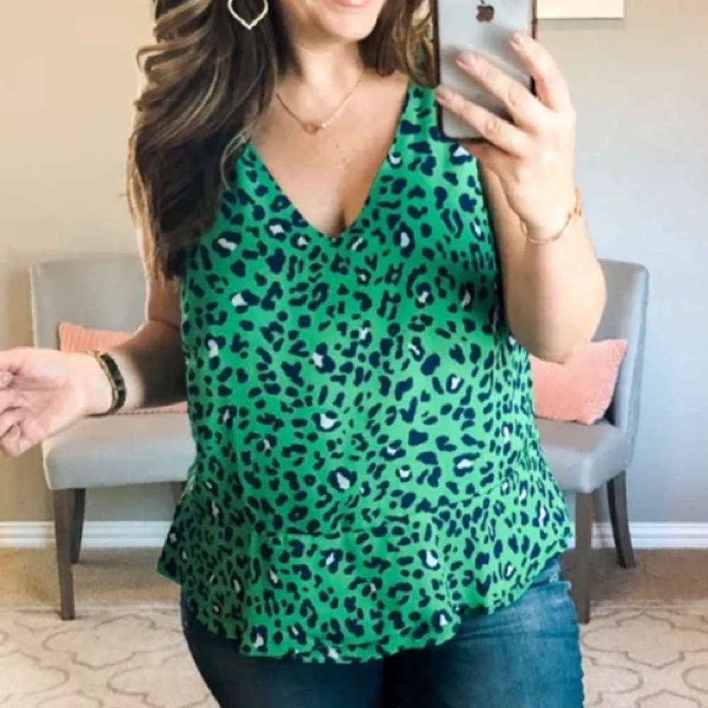Gibson Green Leopard Print Peplum Top